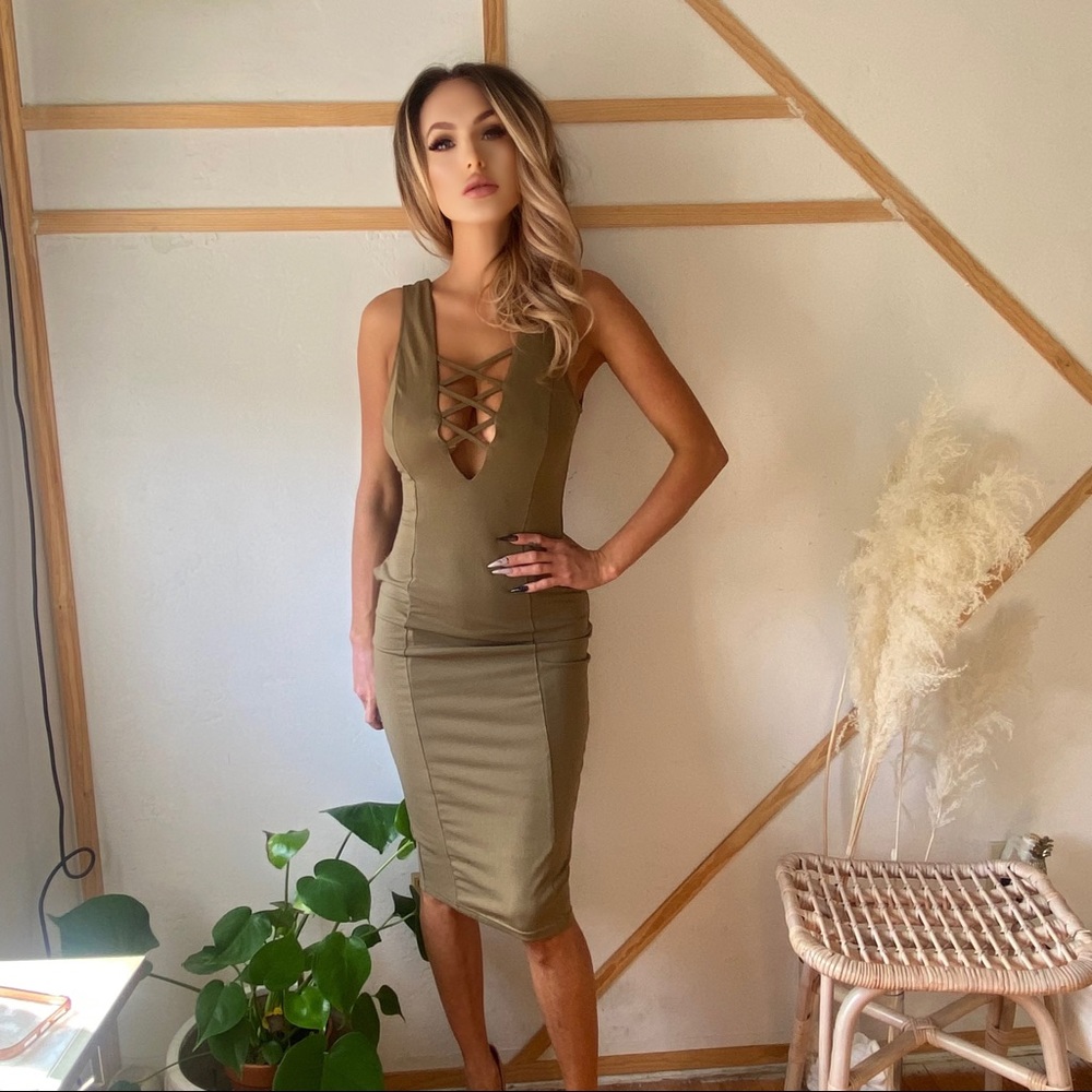 olive green bodycon dress cocktail length with sexy cutout